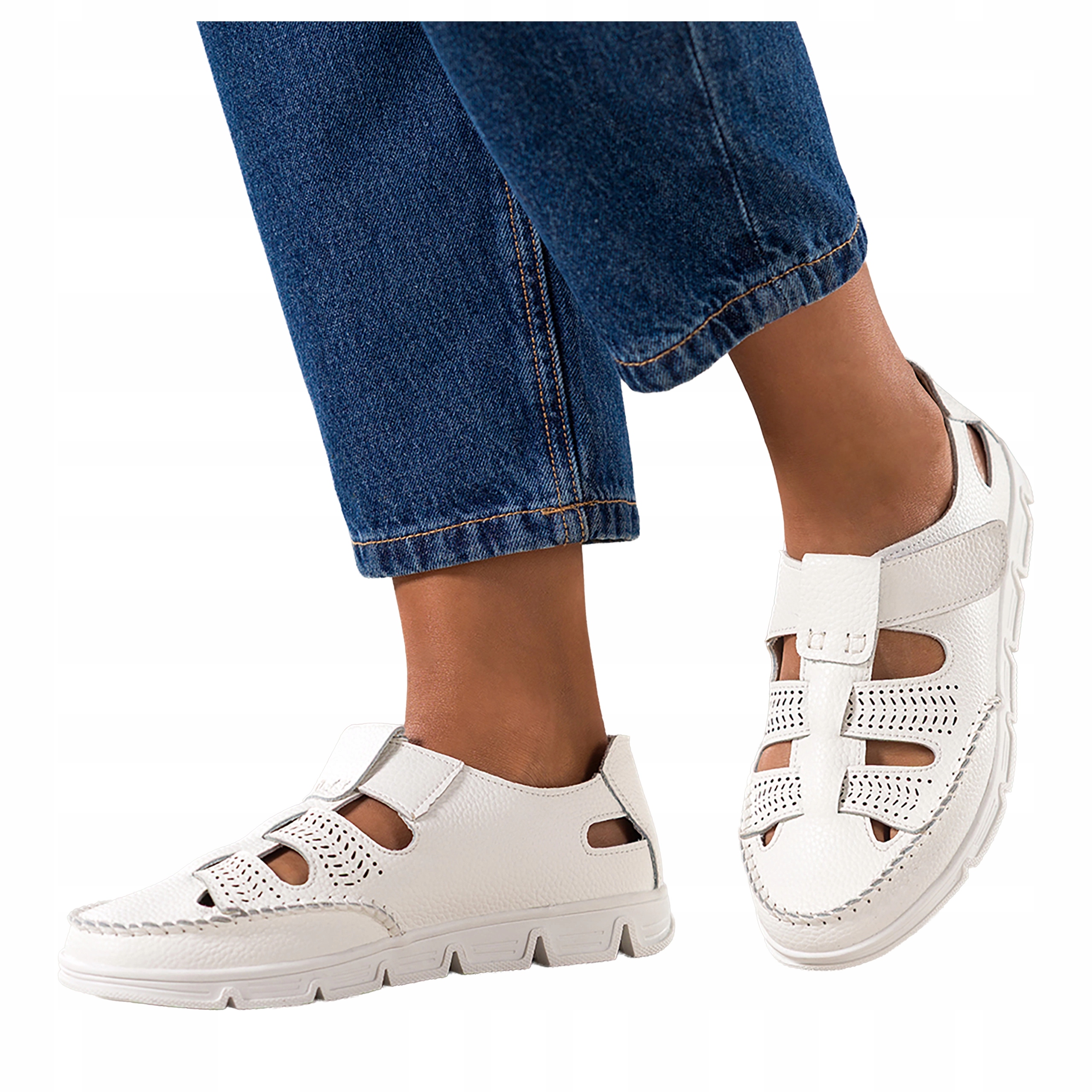 Pólbuty Bílé Dámské Kožené Na Suchý Zip Ažurové Na Platformě Pohodlné r 36