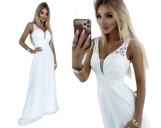 Bílá šaty Valentina maxi s krajkou je elegantní na svatba a svatební hostina S