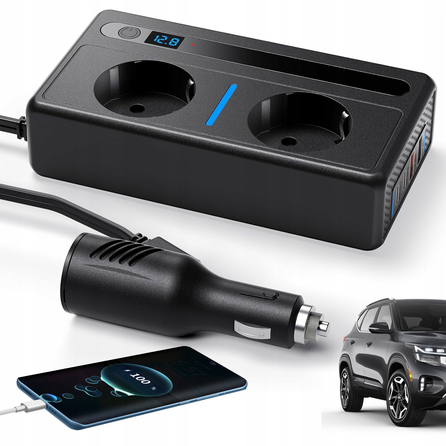 Przetwornica Samochodowa 12V Na 220V 300W Z 2 Gniazdami Ac, Usb-c Pd