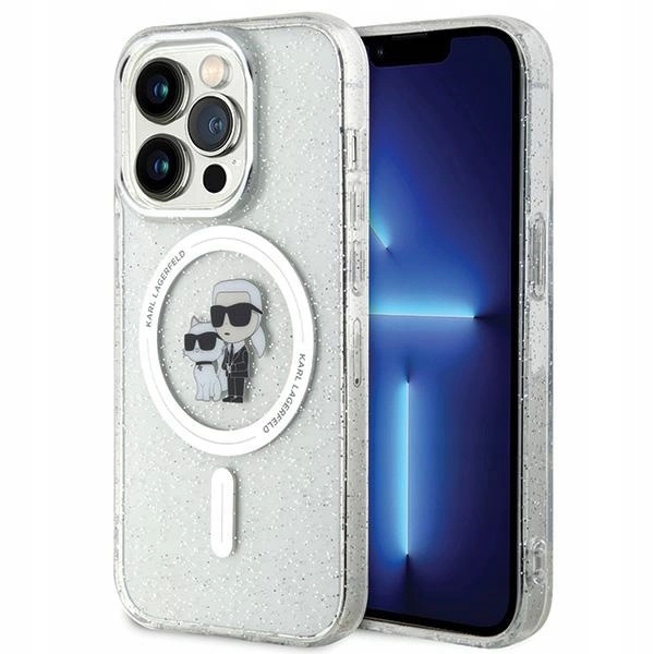 Pouzdro Karl Lagerfeld Karl&Choupette Glitter MagSafe pro iPhone 15 Pro – přes