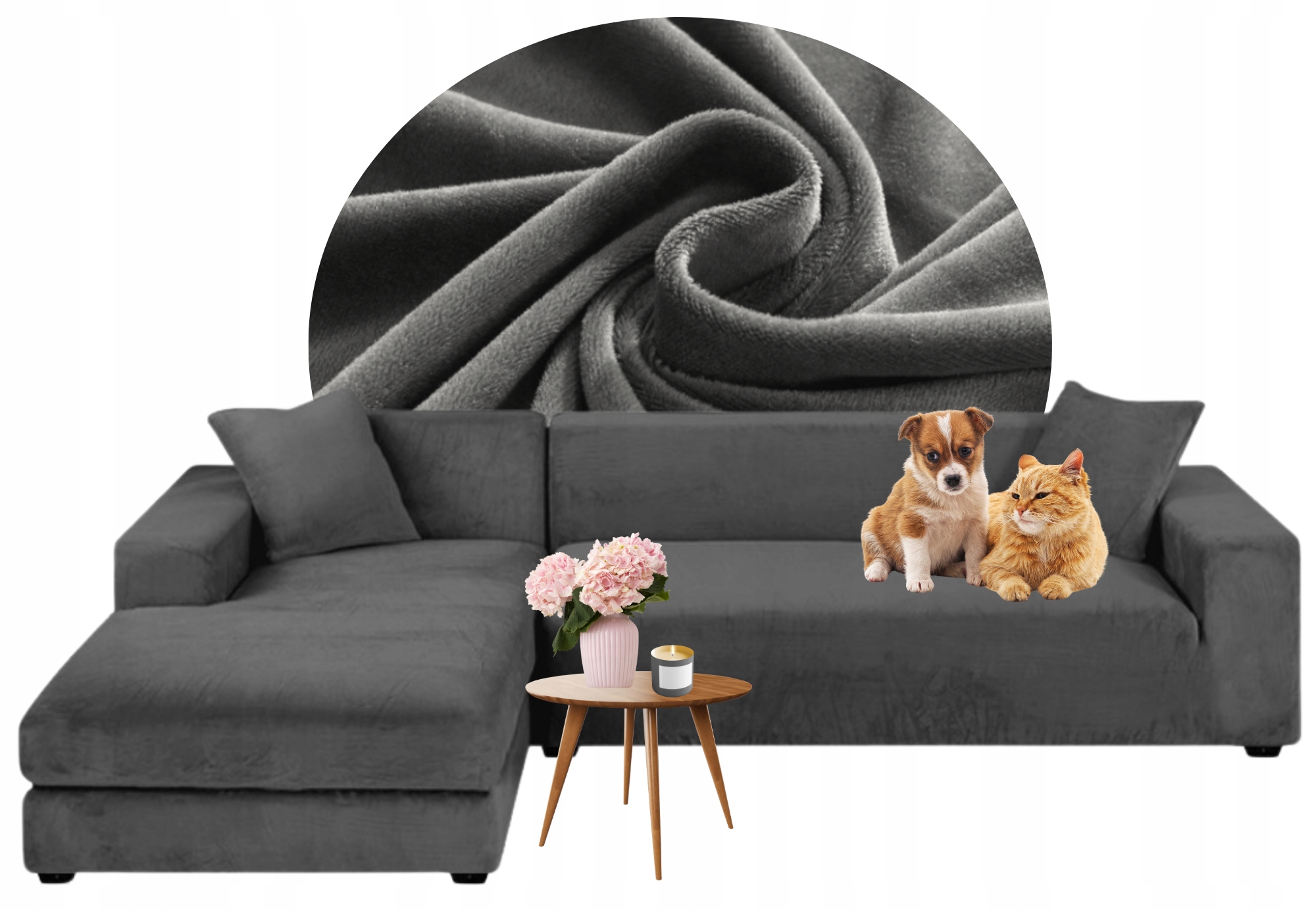 Potah Na Celou Rohovou Sedací Soupravu Šedý Velur Pružný 3+3 Místný