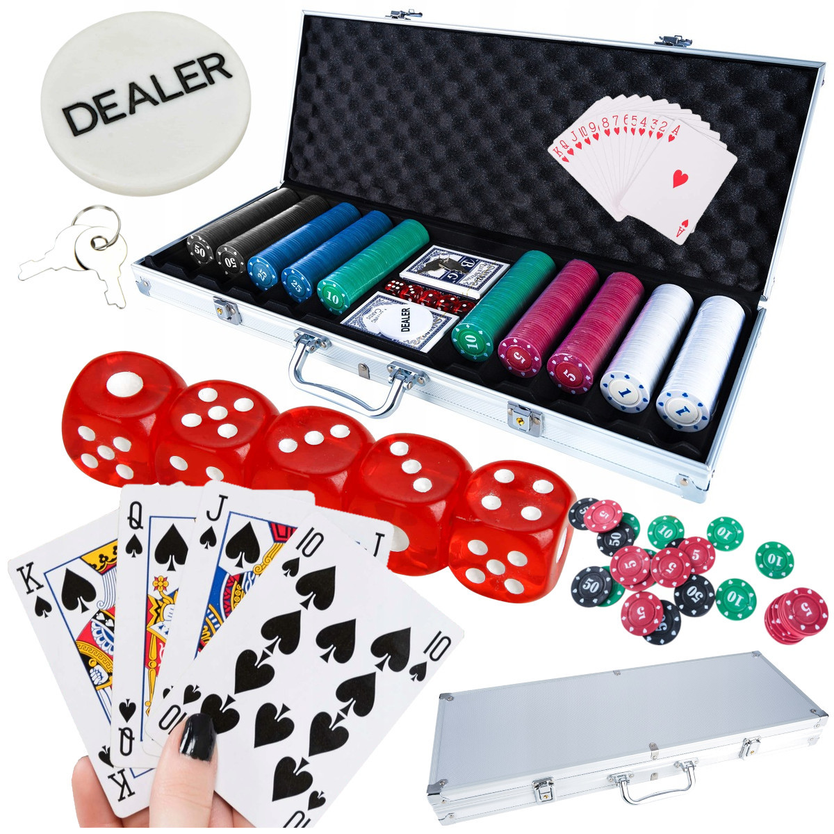 Duży Zestaw do Pokera 500 Żetonów Dealer Poker Texas Karty Kości Walizka