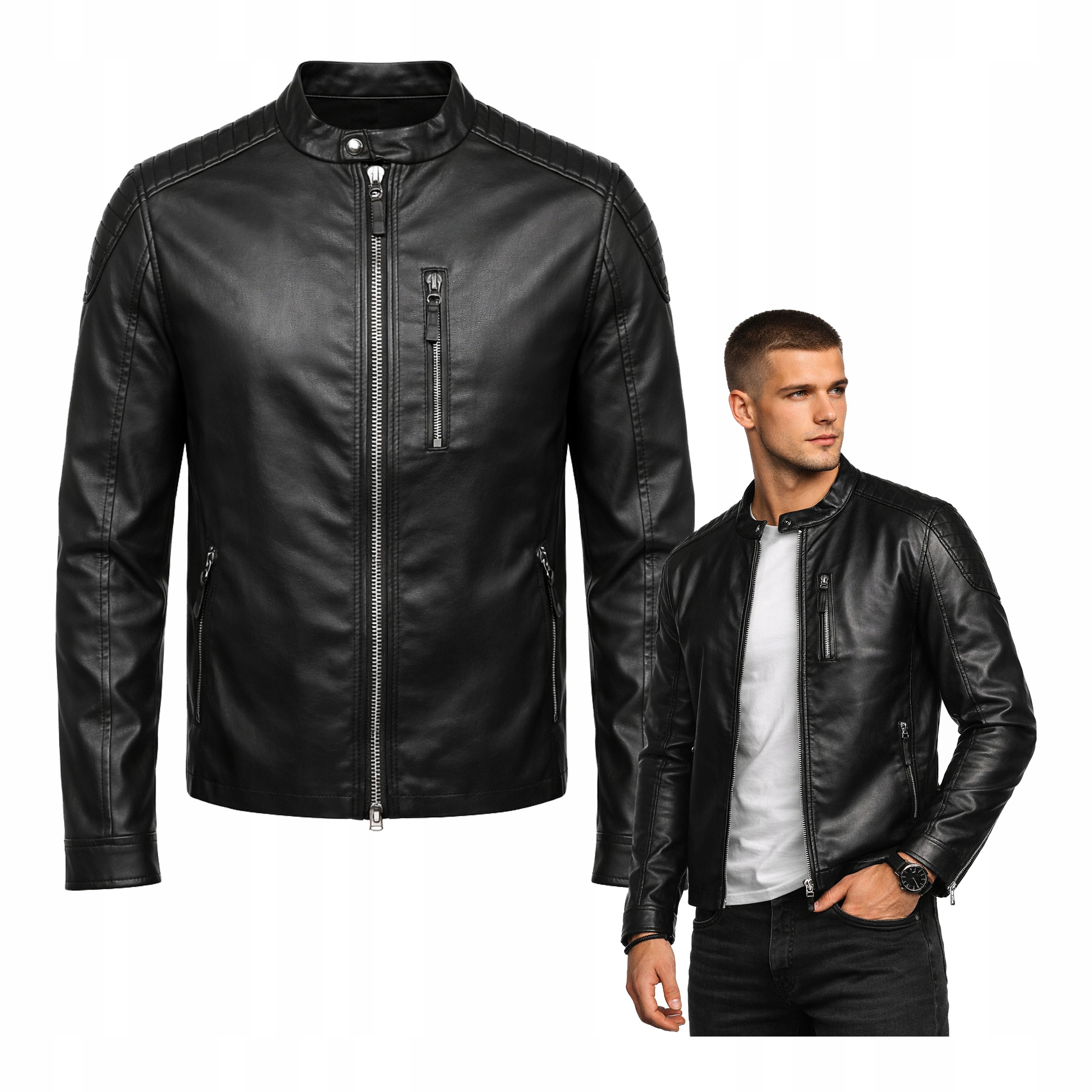 Pánská kožená bunda se stojáčkem, kapsy na zip, černá, podzim/jaro, XXL