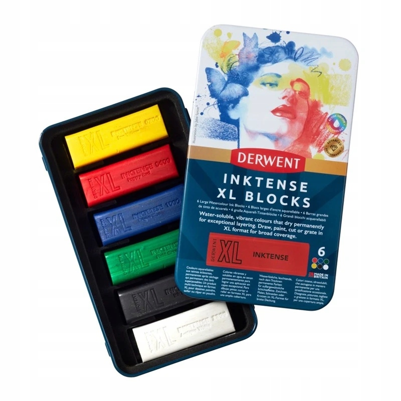 Akvarelové pastely Derwent Inktense XL Blocks, 6ks v kovové krabičce