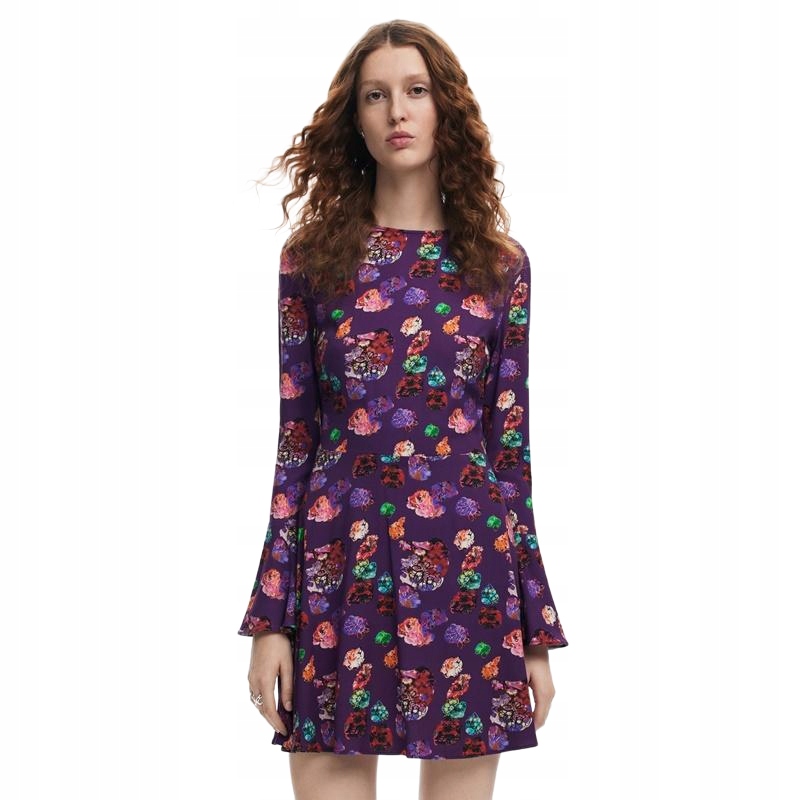 Desigual Fialová Šaty S Květinovým Potiskem A Dlouhým Rukávem L 2DA