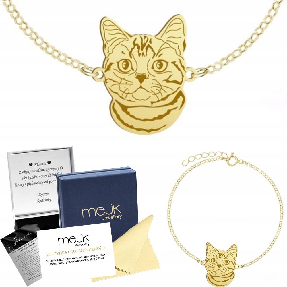 Zlatý náramek Kočka Americká krátkosrstá 925 Dárek Žena Gravírování