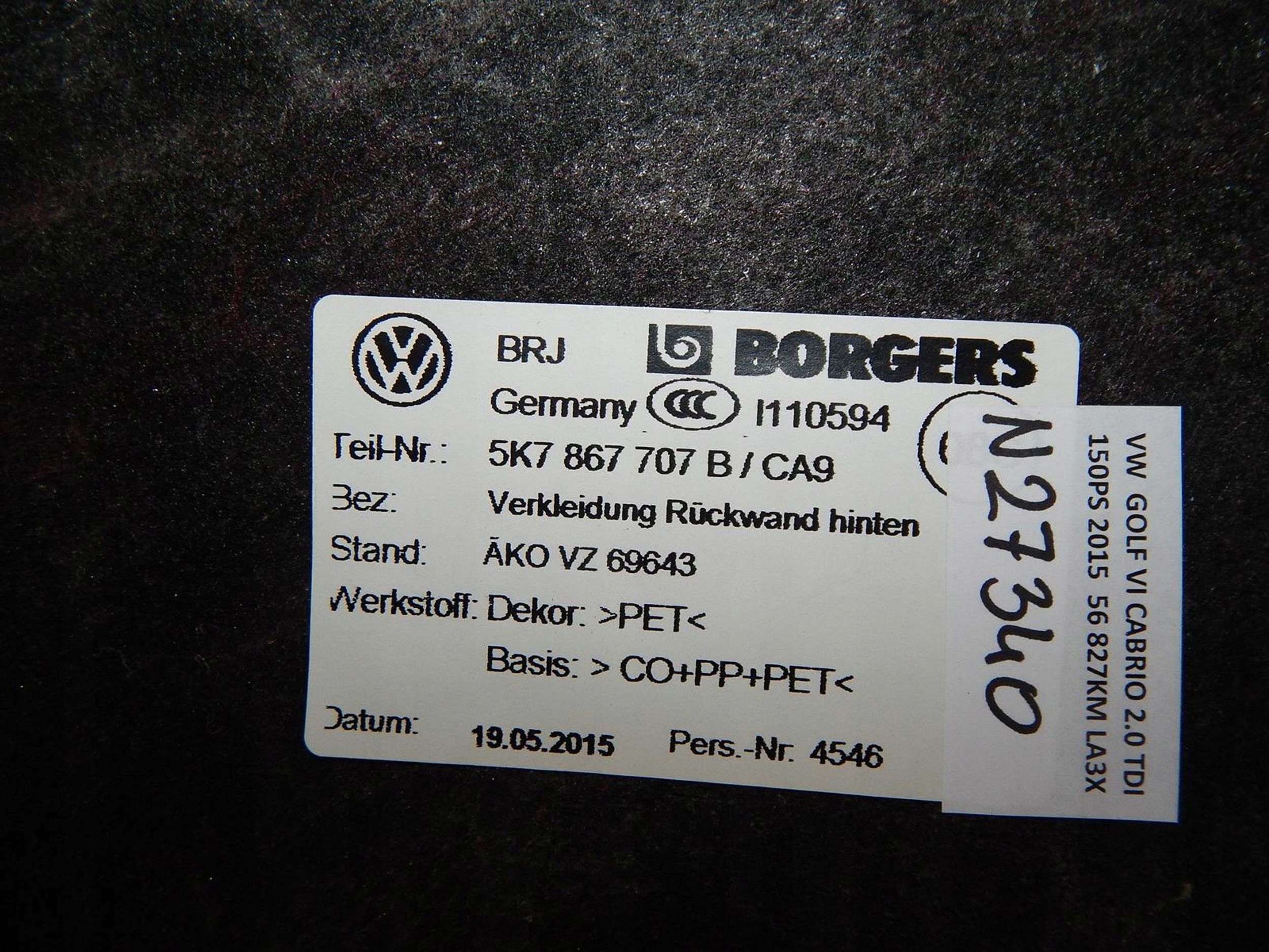 VW GOLF VI tapacír stěny záď 5K7867707B