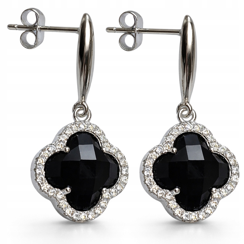 Stříbrné náušnice tyčinky čtyřlístek zirkony černý onyx stříbro 925 Laprii