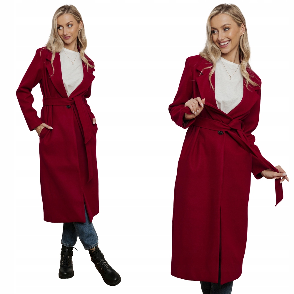 Dámský červený kabát pohodlný elegantní s vázáním dlouhý CLR034 velikost M