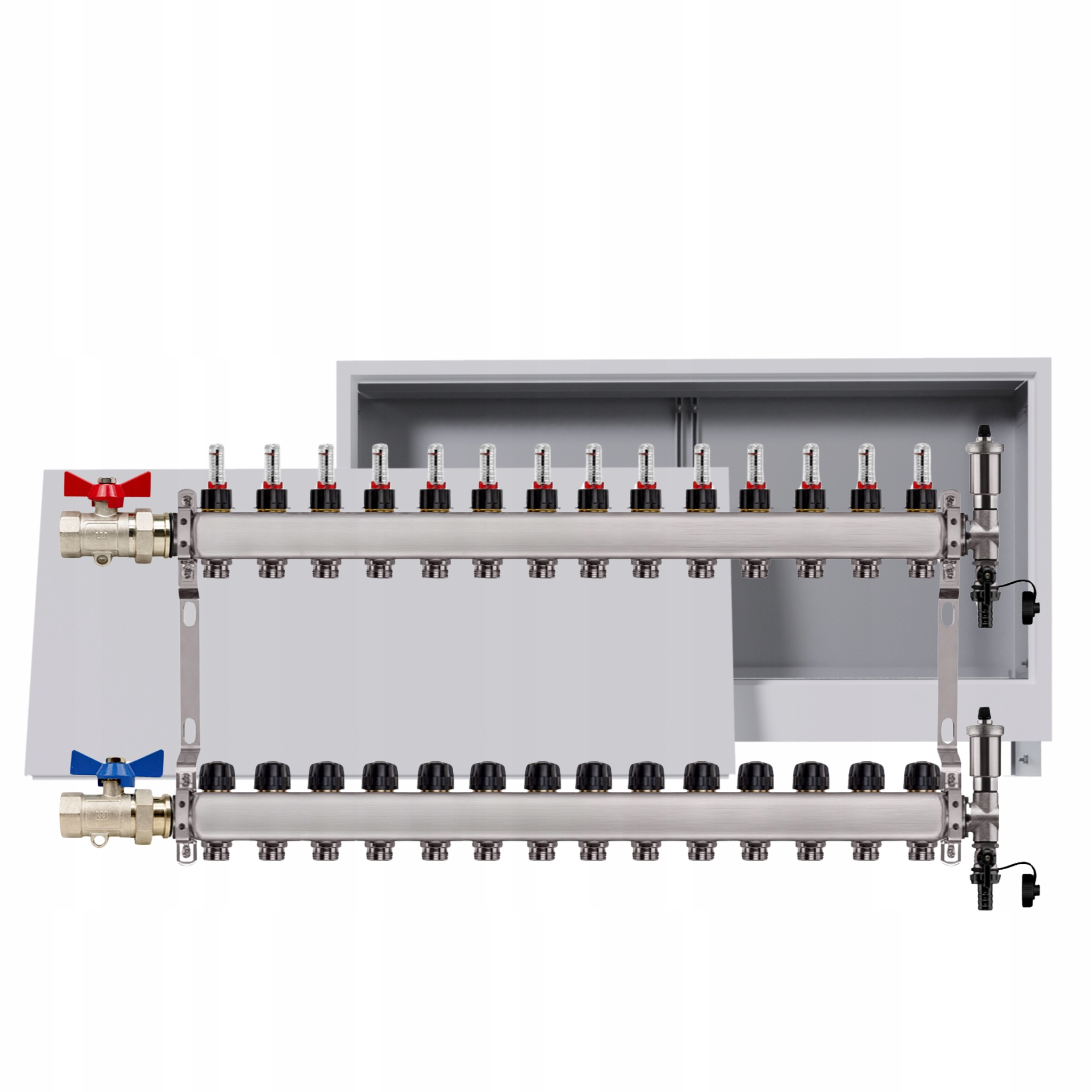 Nerezový rozdělovač podlahových krytin 14 okruhů podomítková skříňka sada