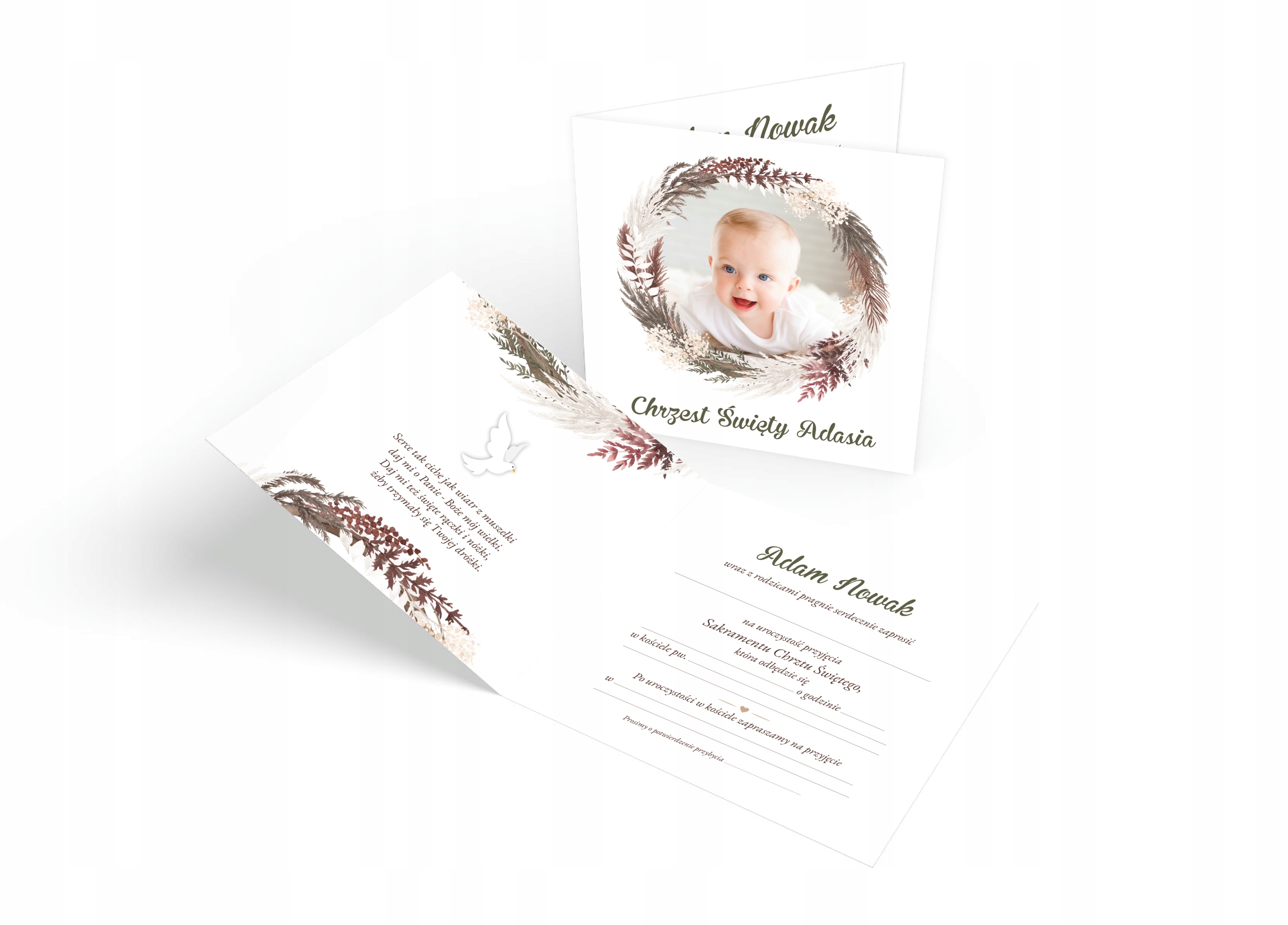 ZAPROSZENIA NA CHRZEST - ZE ZDJĘCIEM - BOHO - IMIĘ Szerokość produktu 14 cm