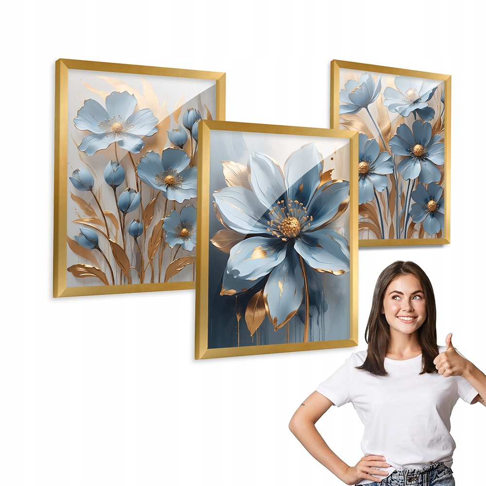 Sada 3 obrazů Modré Květiny Se Zlatem zlatý rámeček 40x50 triptych