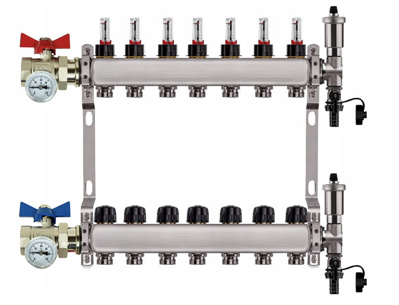Rozdělovač Pro Podlahovku 7 Okruhů Nerezový Jednoduchý Ventil Teploměr