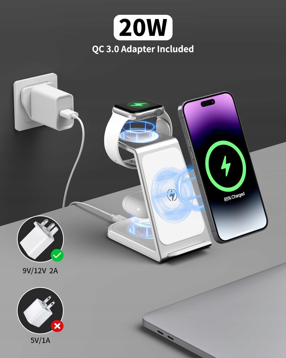 Bezprzewodowa stacja ładująca 3 w 1, ładowarka ze stopu aluminium do Apple Złącza USB typ C