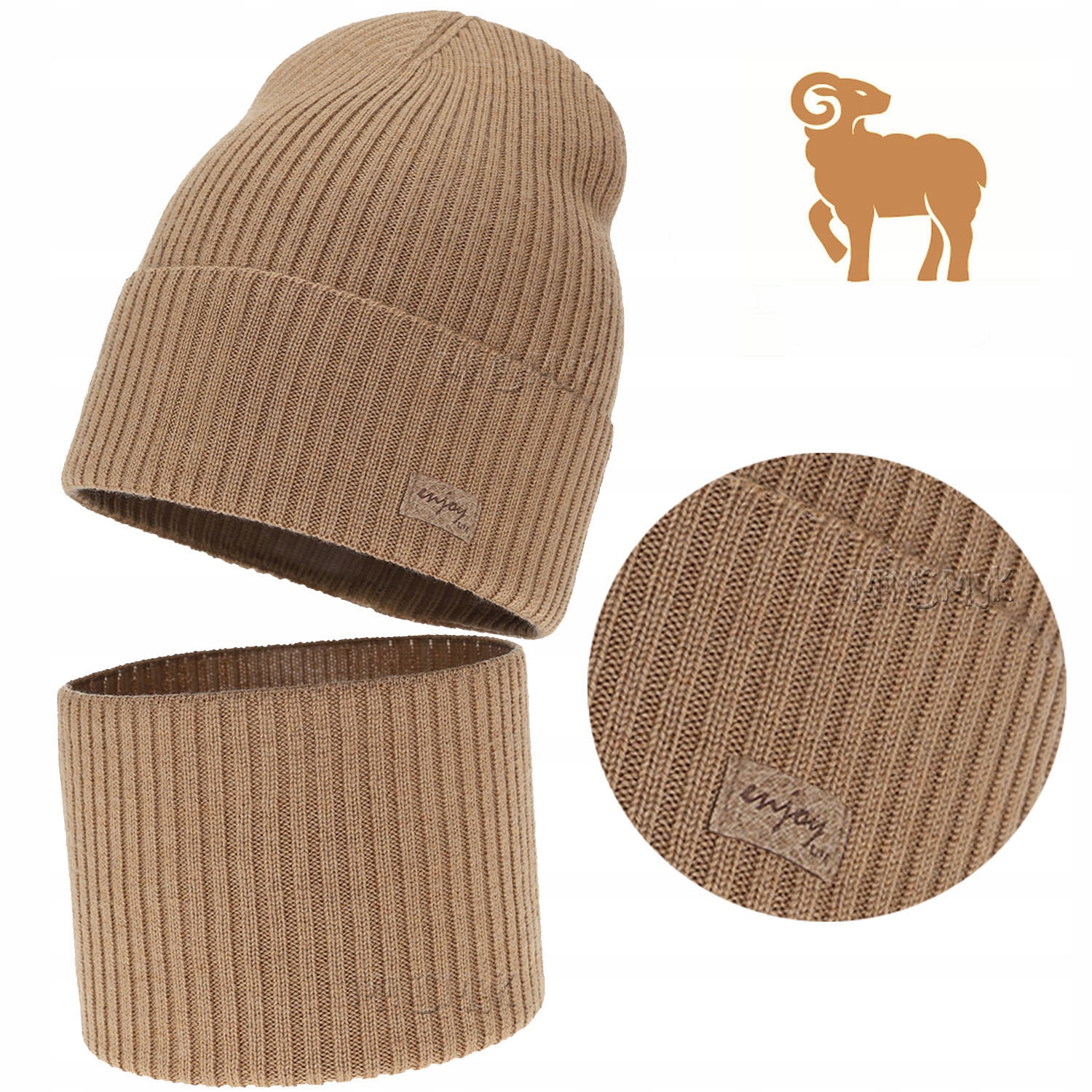 Camelowy Komplet Wełna Merino Czapka Komin jesień wiosna Prążek r. 52-54