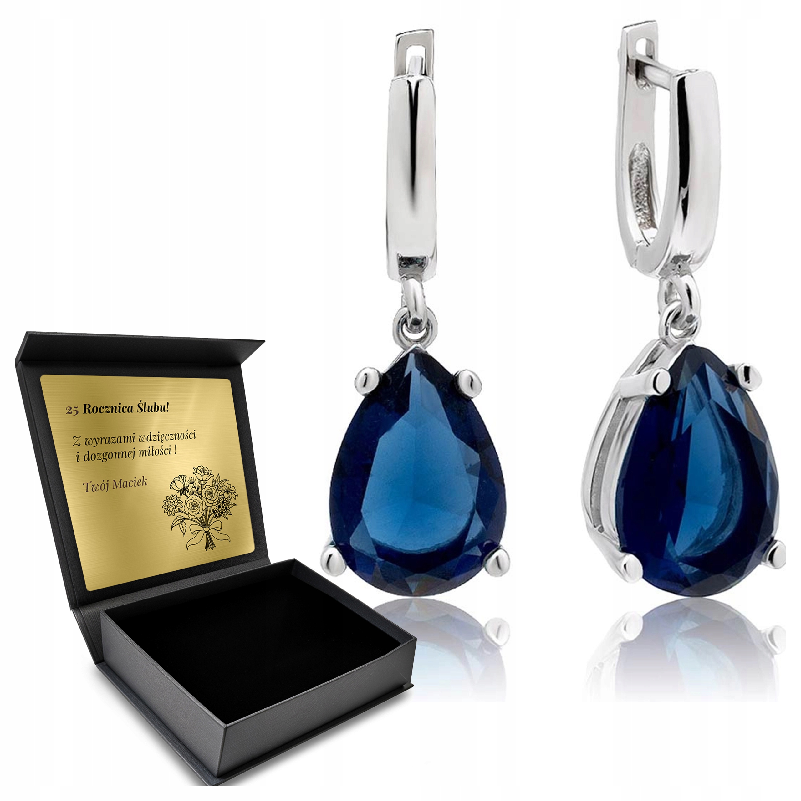 Stříbrné Náušnice 925 Safír Krásný Dárek pro ženu Gravírování Bonus