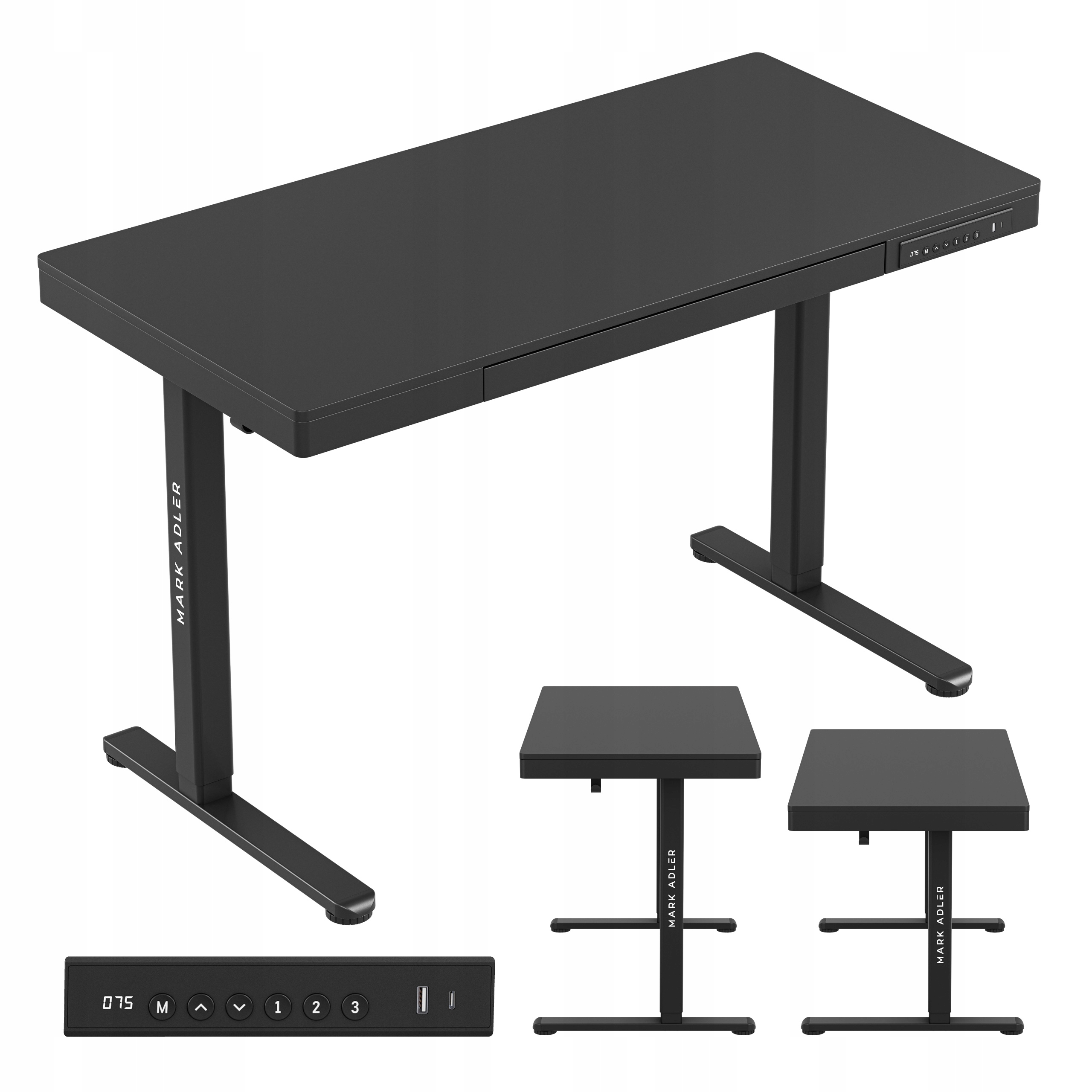 Elektrický nastavitelný psací stůl Mark Adler černý počítačový Usb 120x60 cm