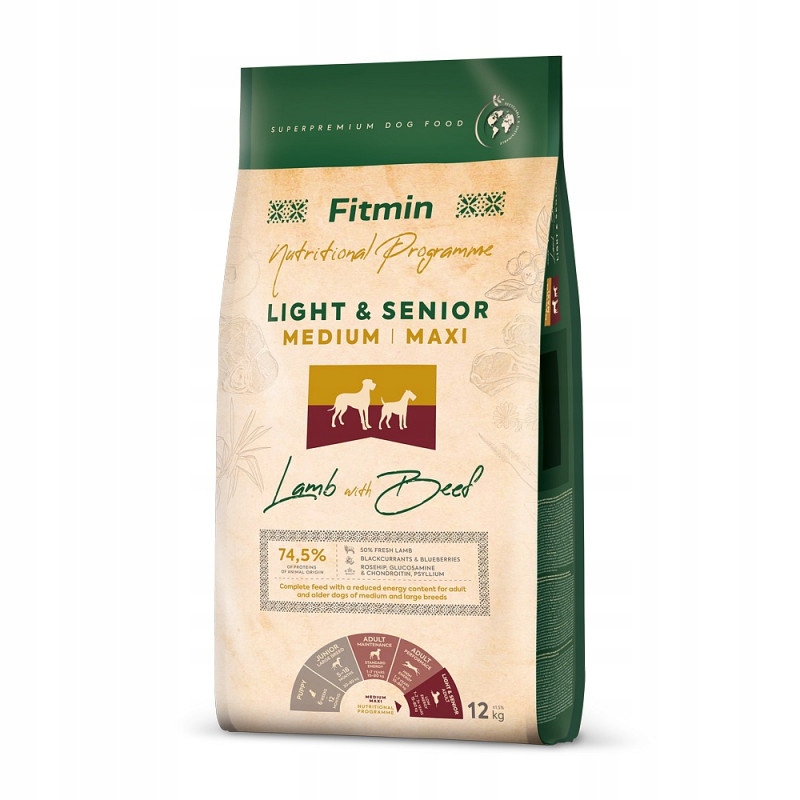Levně Fitmin Medium Maxi Light & Senior Lamb s příchutí betonu 12 kg