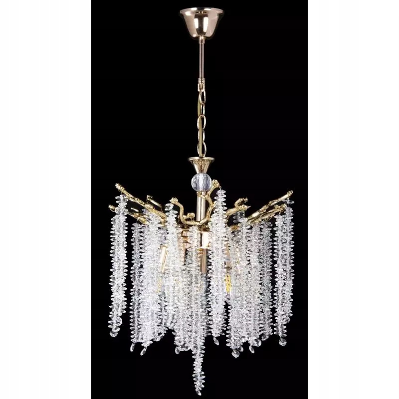 Lustr s převislými zlatými krystaly do obývacího pokoje, reprezentativní ozdoba