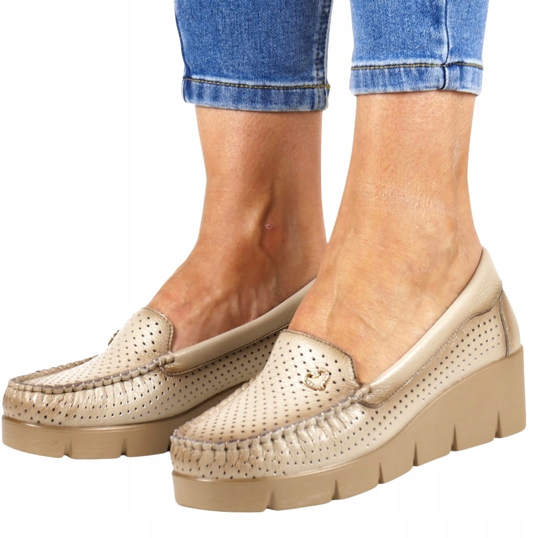 Dámské Mokasíny Polobotky Na Koturnu Kožené Ažurové Béžové Pohodlné 37