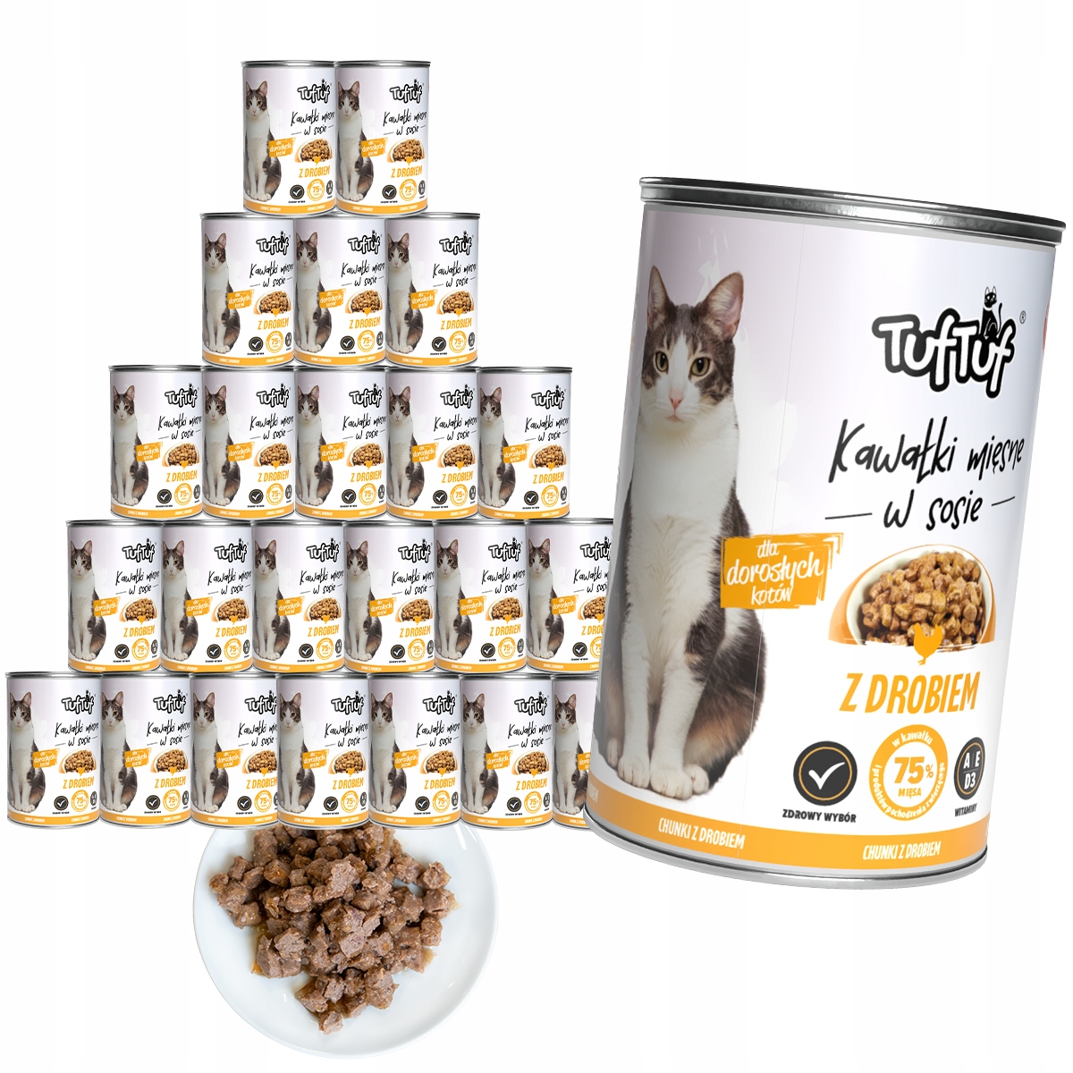 Levně Mokré Krmivo Pro Kočky TufTuf konzerva, masové kousky s drůbežím masem, Set 24x415 g