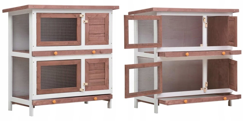 Levně Hnědá klec pro králíka, 4 dvířka, dřevěná