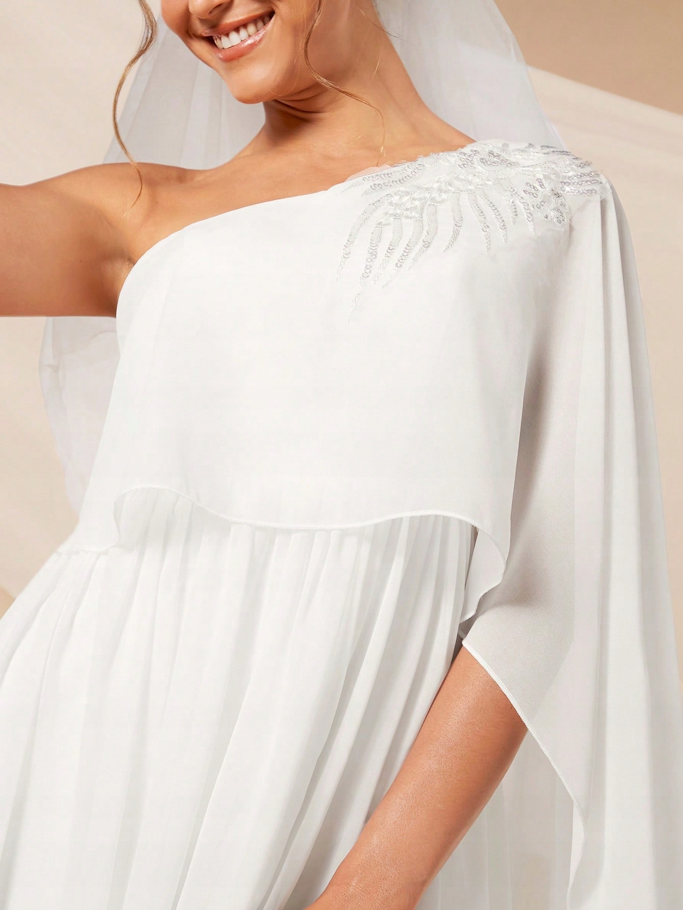 Šifonová Svatební Sukně Na Jedno Rameno Zdobená Flitry Shein