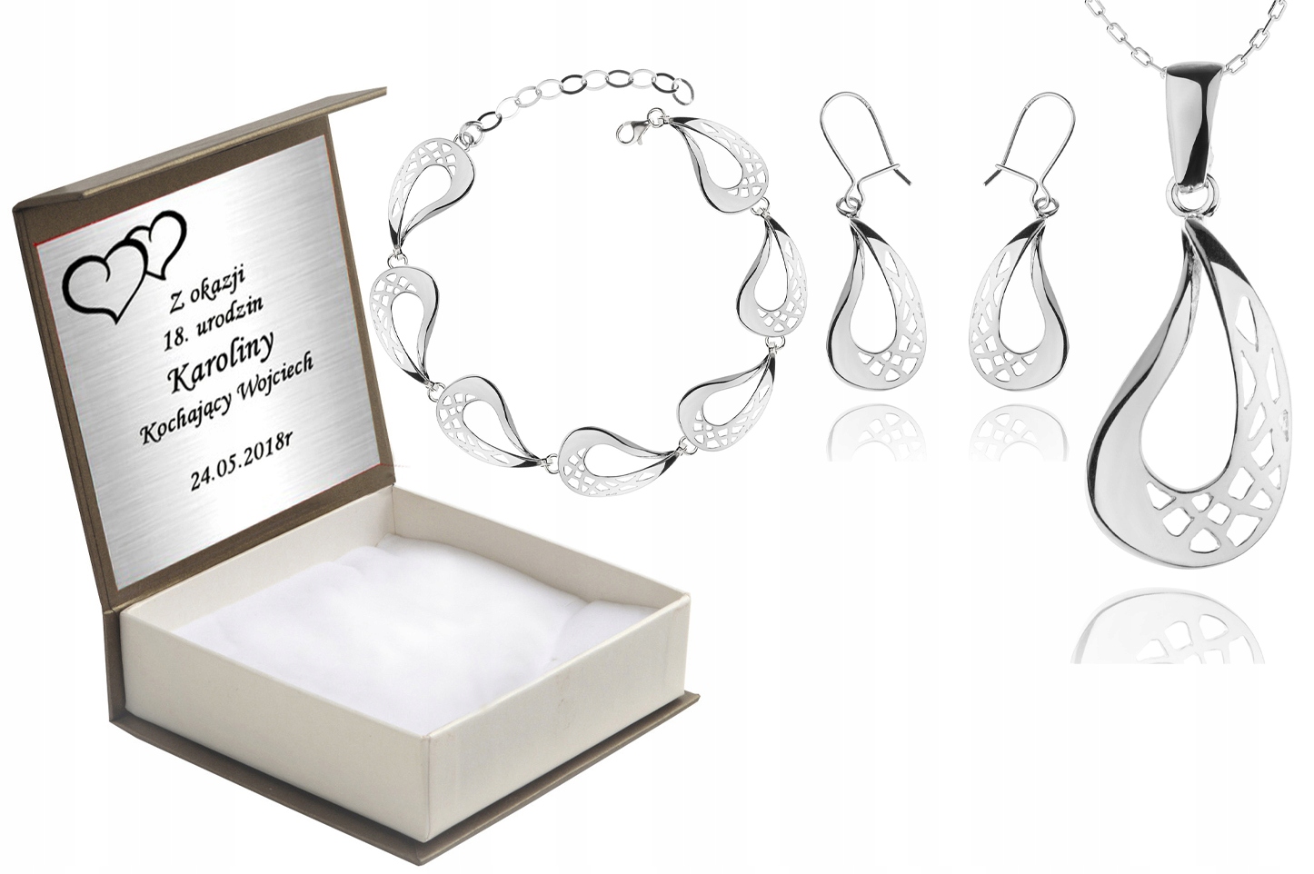 

Komplet Biżuterii Srebrne Ażurowe Łezki Na Prezent