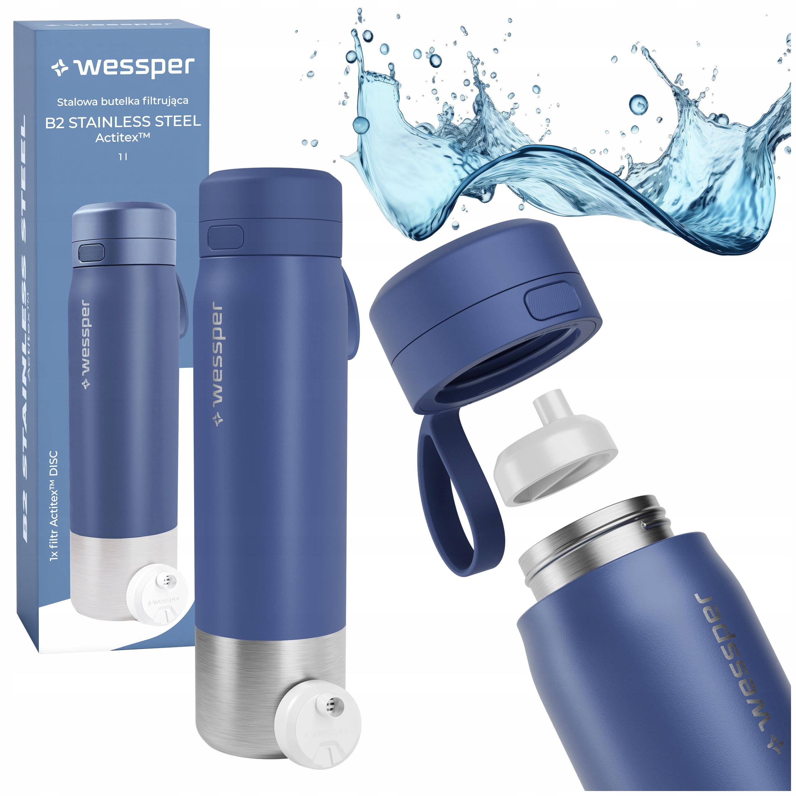 Ocelová filtrační láhev 1000 ml s filtrem lahev na pití na vodu 1 l Wessper B2