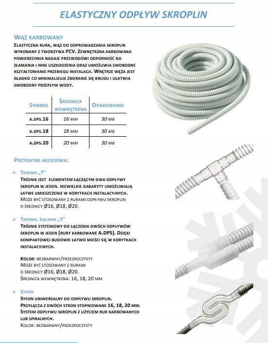 Rura karbowana odpływu skroplin 18 mm Kod producenta 18