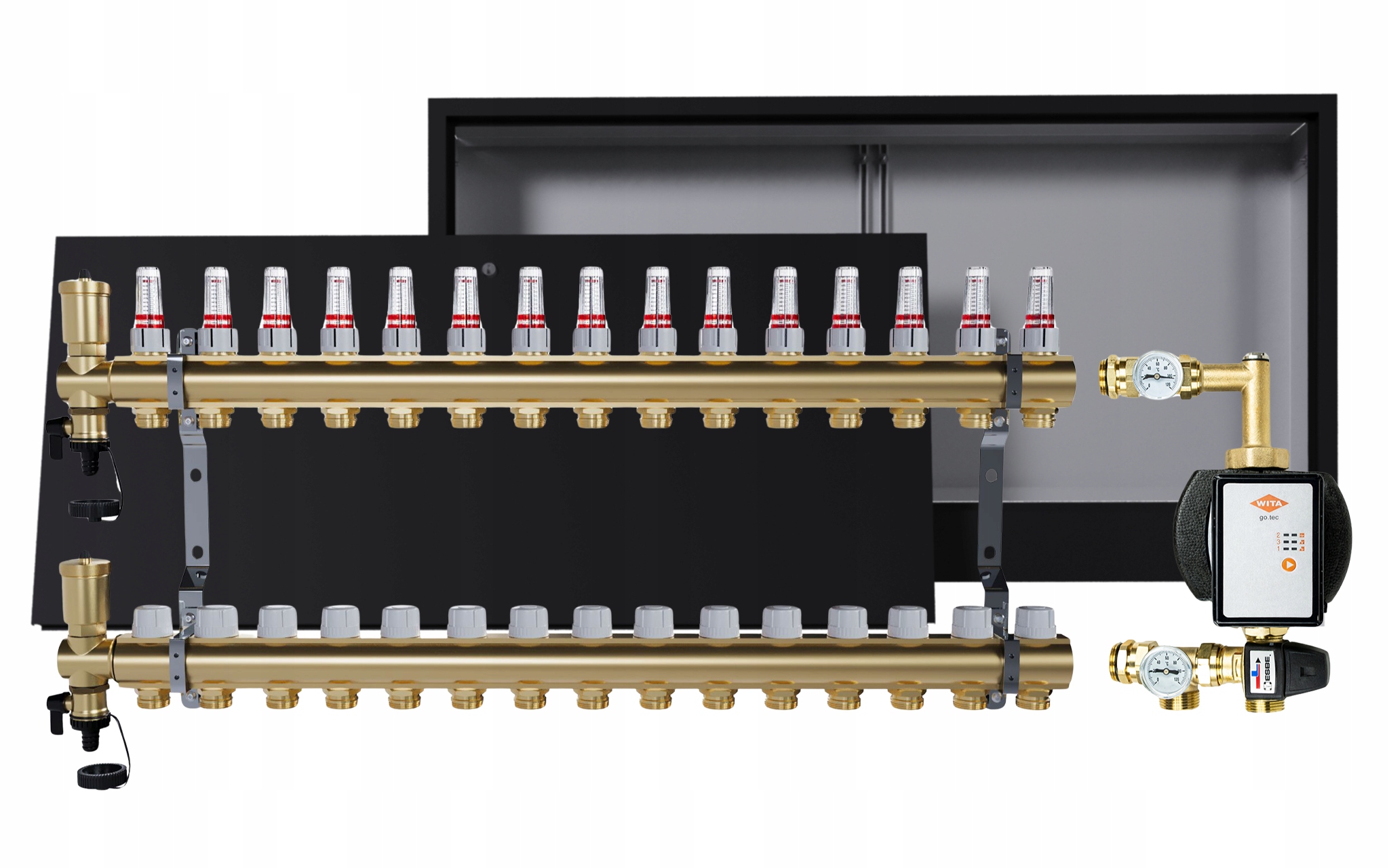 Rozdělovač pro podlahovou krytinu 15 okruhů s Wita skupinou podomítková skříňka