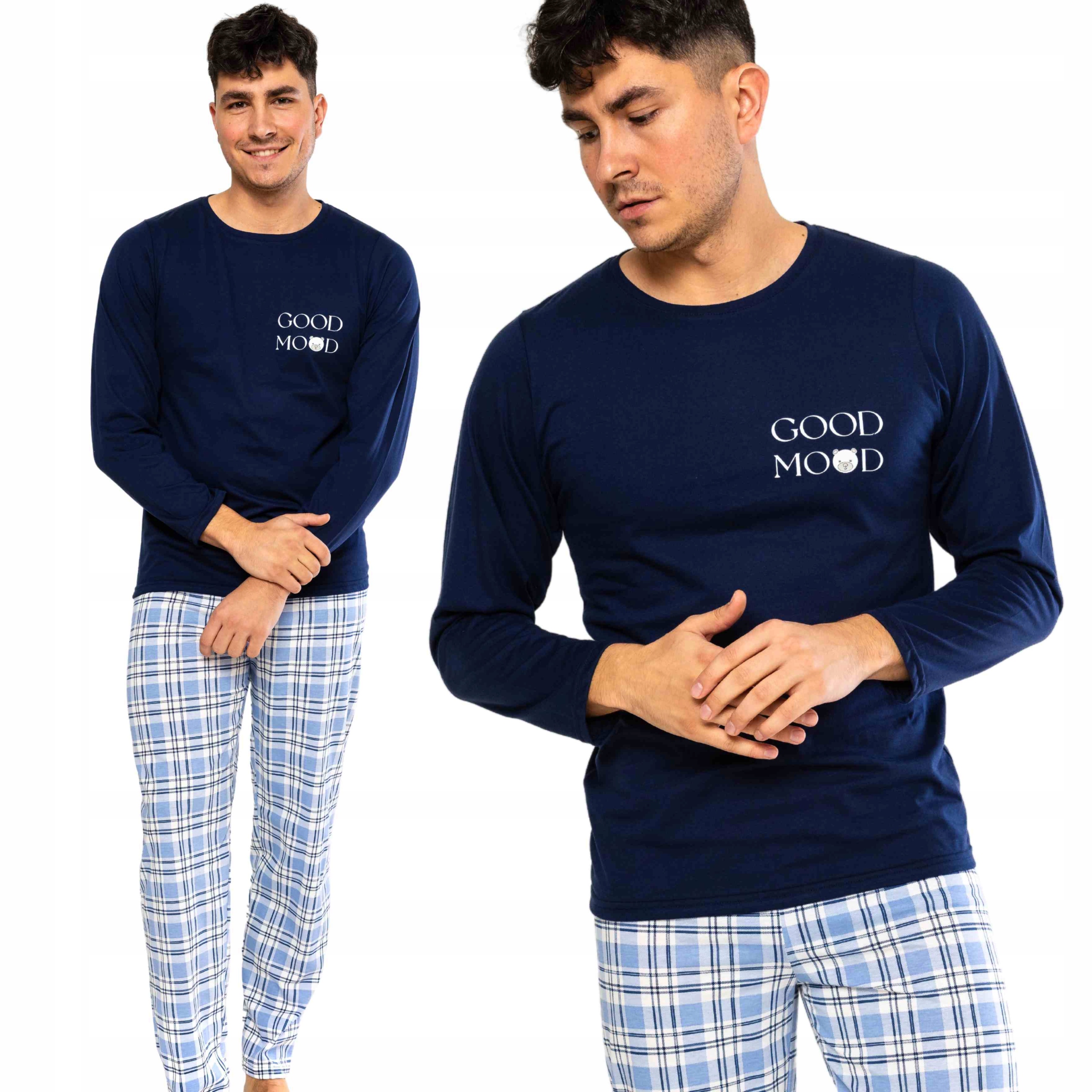 Pánské Pyžamo Good Mood Námořnická Modrá Dlouhý Rukáv Dlouhé Kalhoty Krata XL