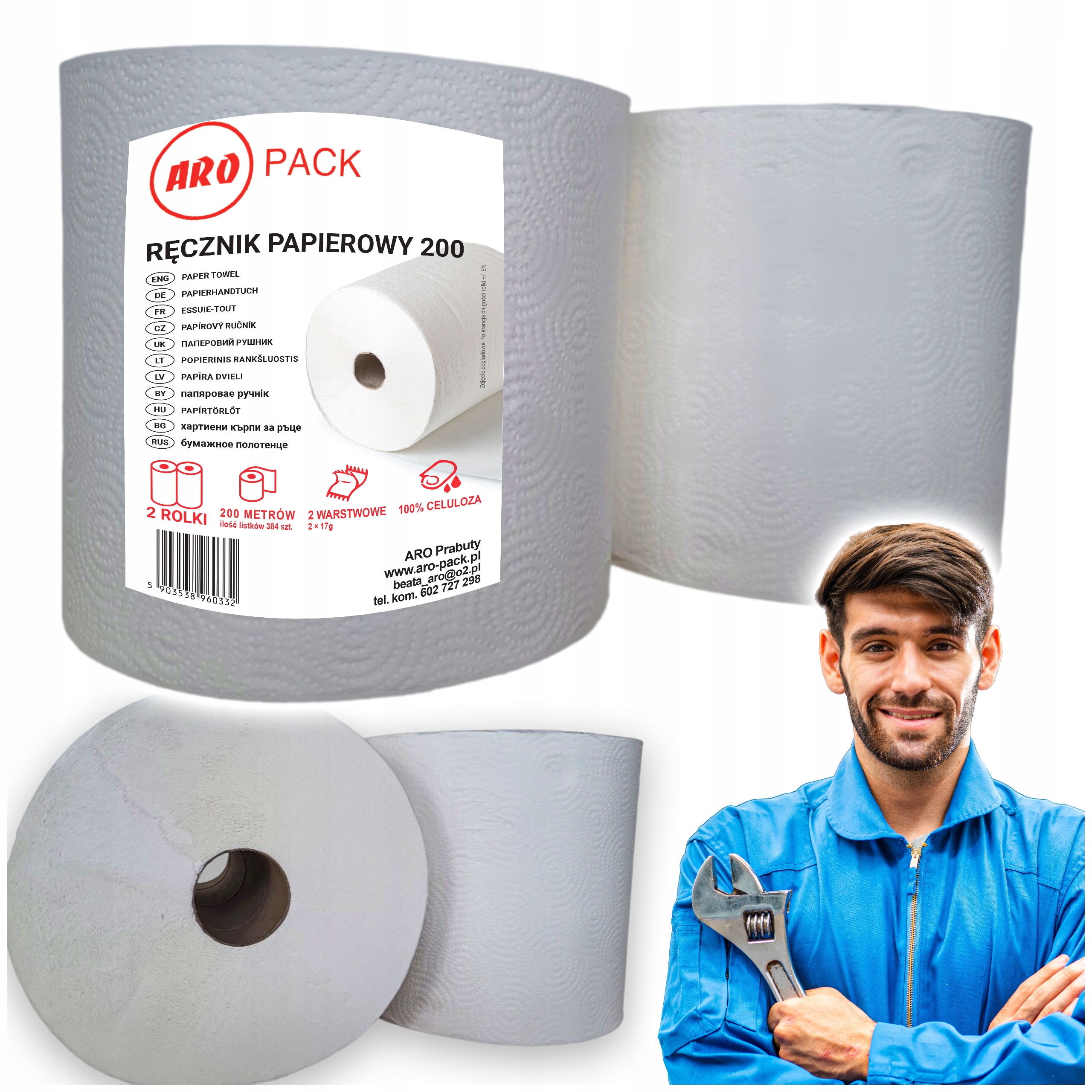 RĘCZNIK PAPIEROWY CZYŚCIWO BIAŁE 200M ARO-PACK 2W 2 ROLKI CELULOZA CHŁONNA