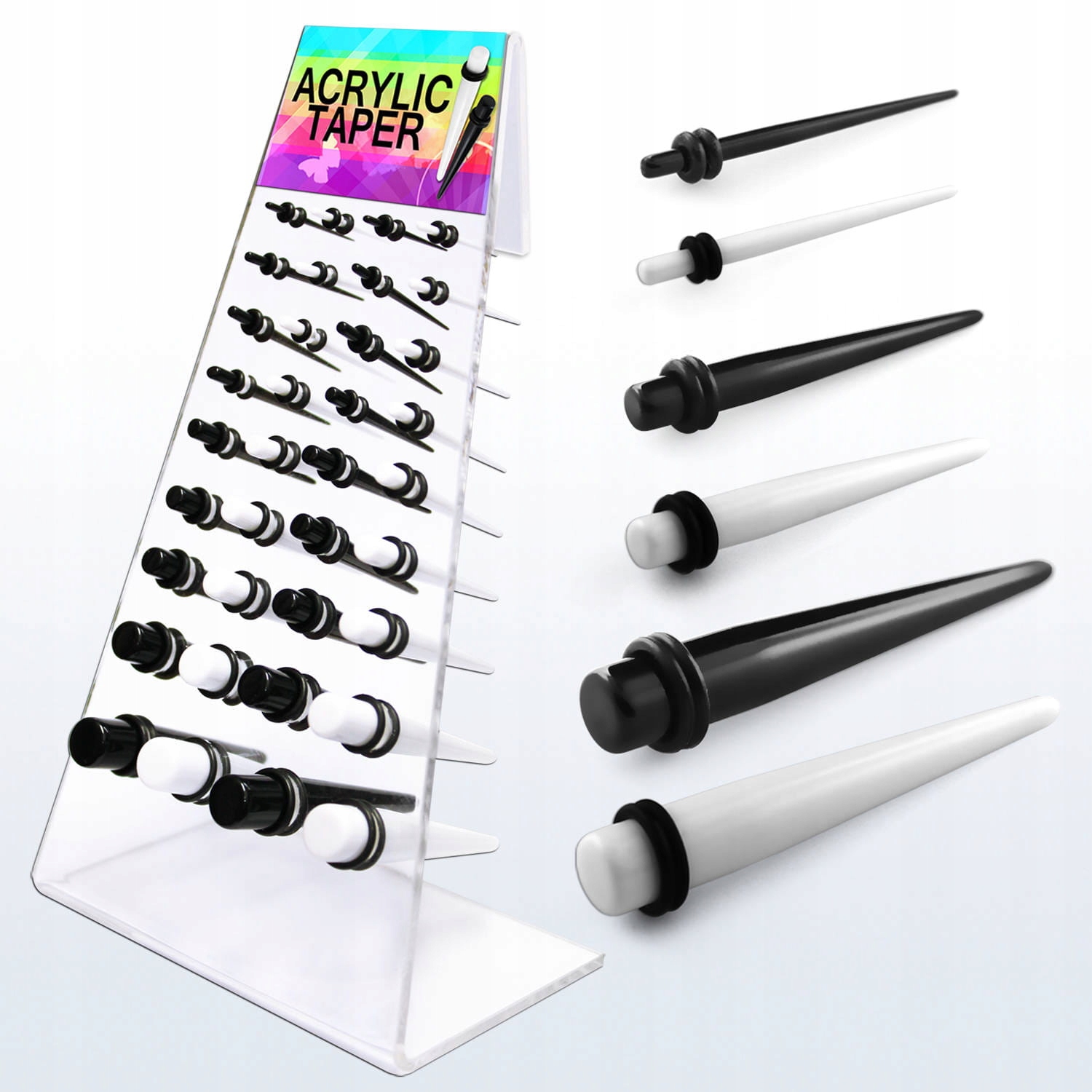 Expozitor 36 kusů černobílých rozpěrek do uší stojan piercing taper