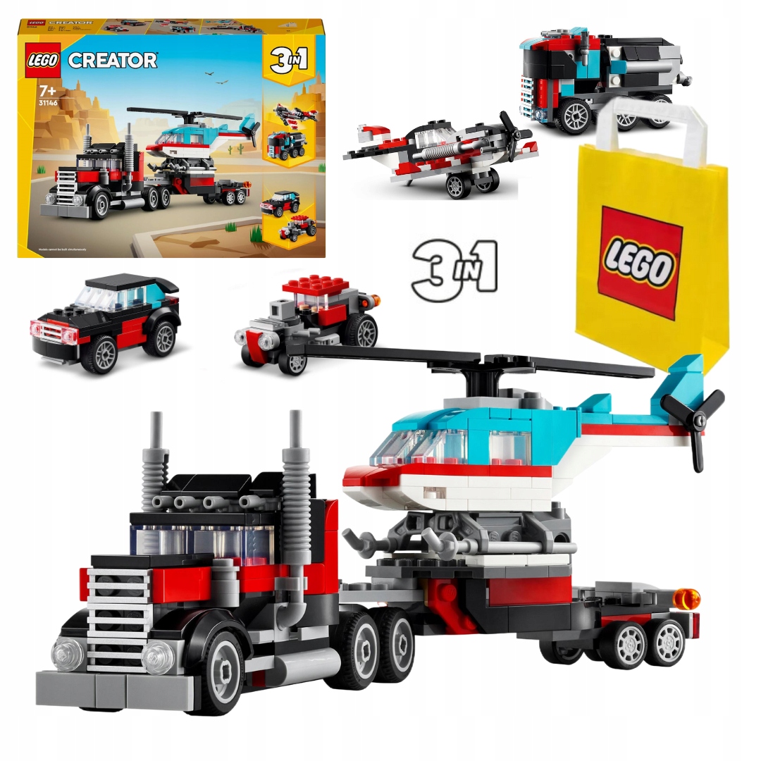 LEGO CREATOR 31146 CIĘŻARÓWKA Z PLATFORMĄ I HELIKOPTEREM 3W1 SAMOCHÓD SUV