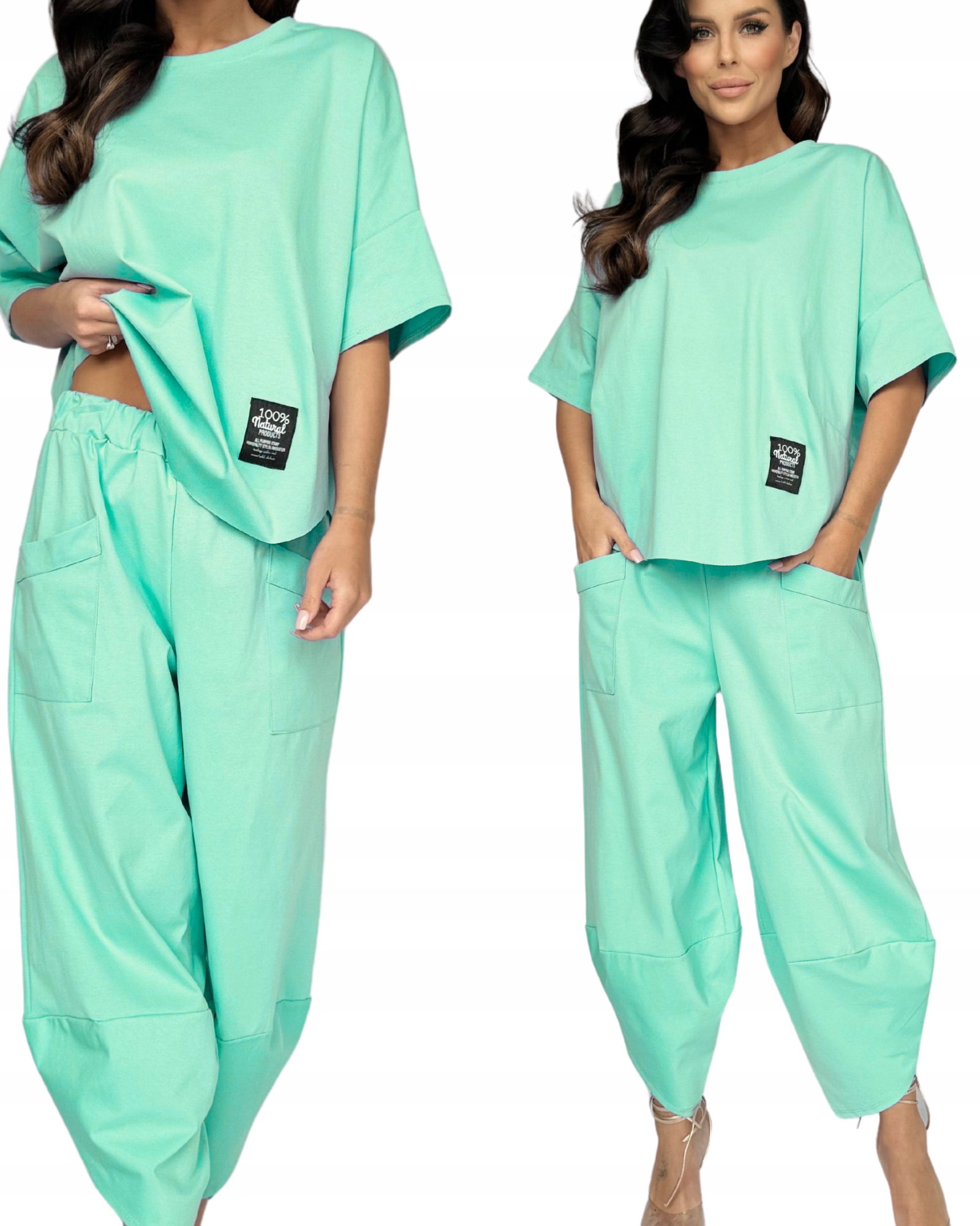 Komplet Damski Dres Bluzka Bluza Spodnie Oversize Luźny Bawełna Mięta 2890