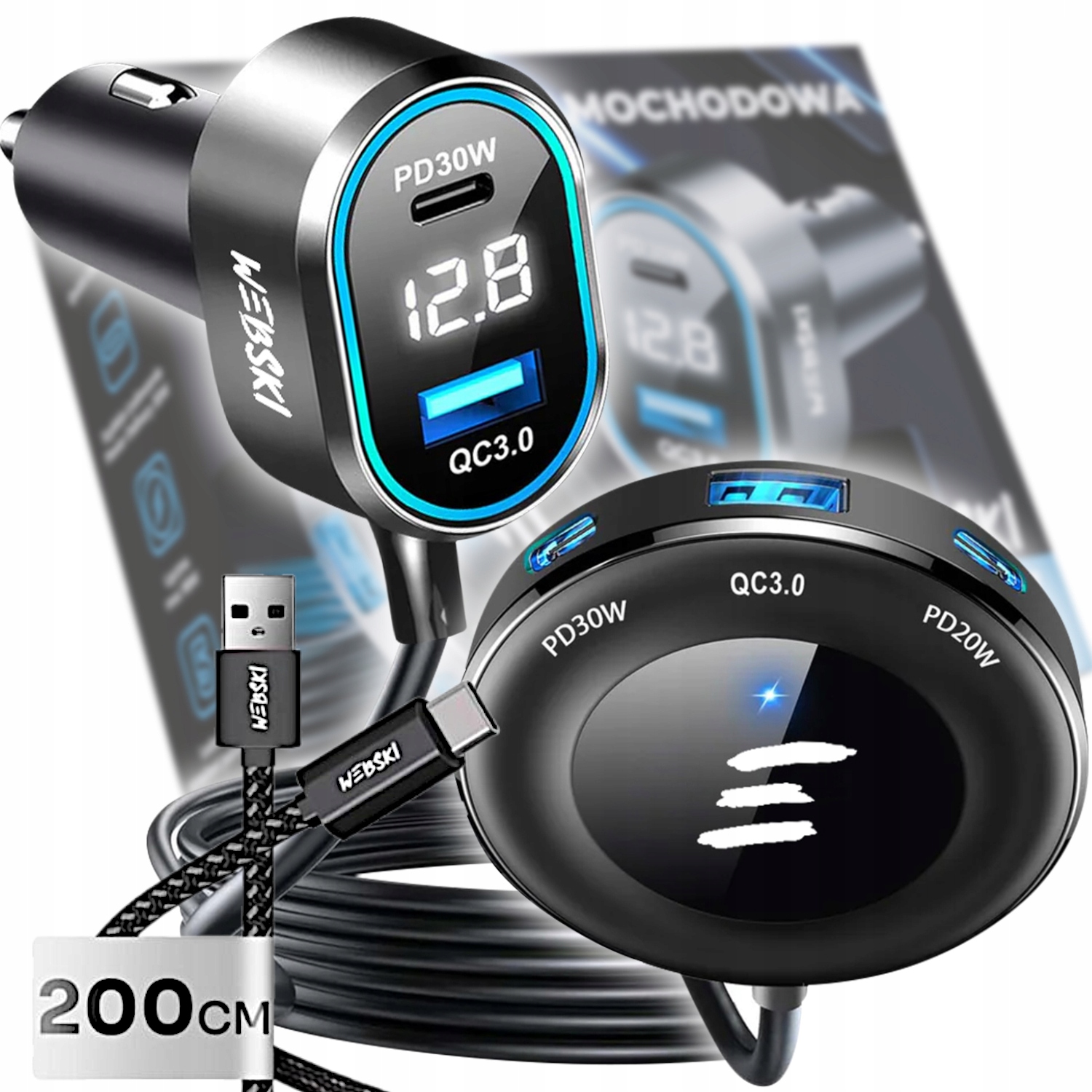 Velmi Rychlá Automobilová S Klipem 98W 2xUSB 3xUSB-C Kabel 200CM