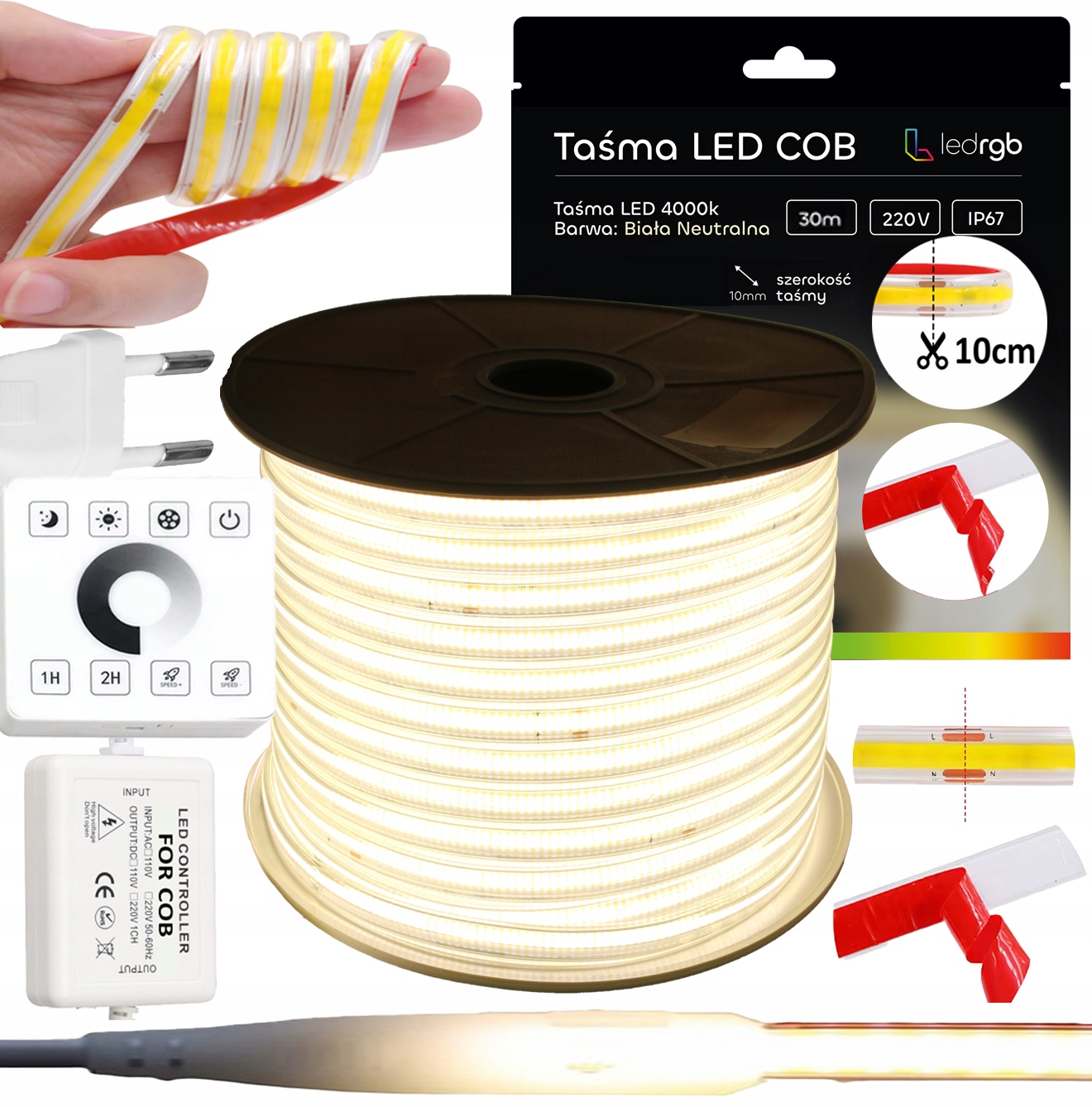 Set Led Pásek Cob 30 m 230V Bílý Neutrální 4000K 10CM Řezání Dálkový Ovladač Ster