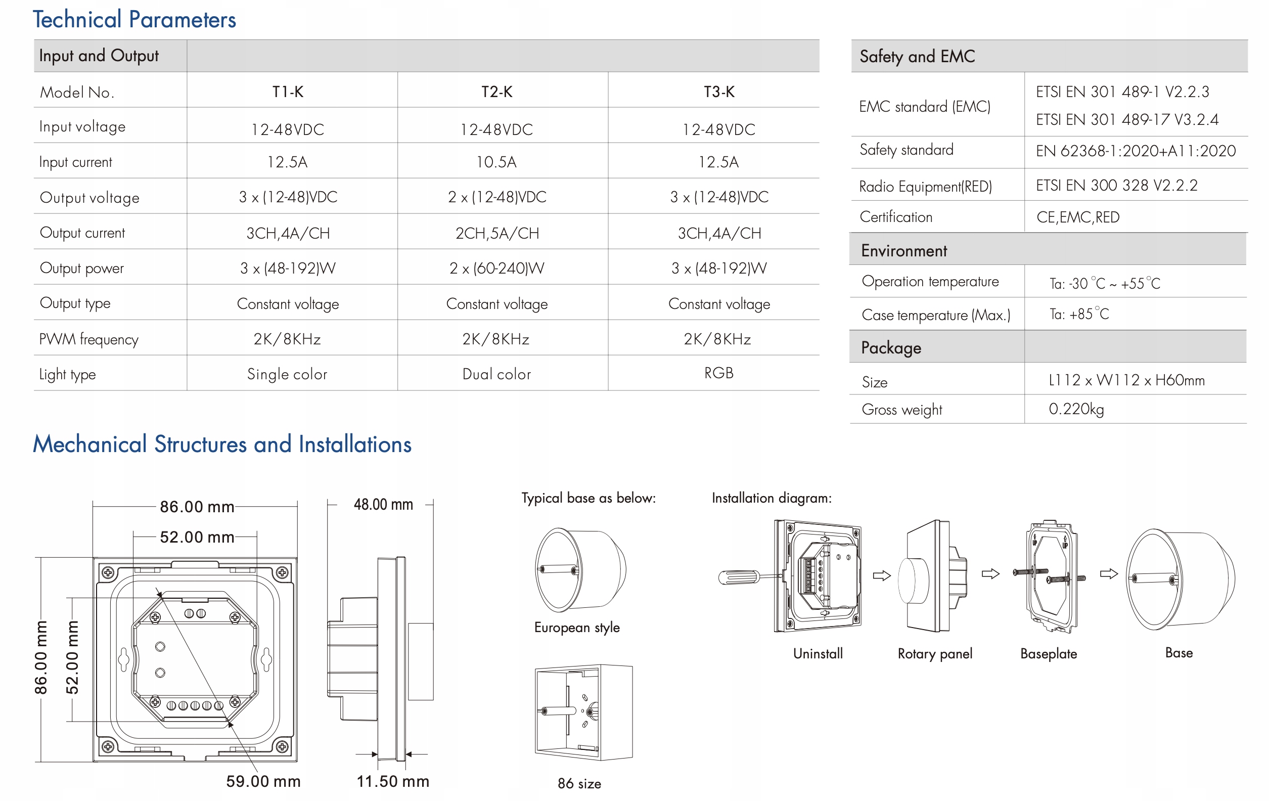 T2-K(W) Panel RF LED CCT obrotowy 1-Strefowy 12-24VDC PWM Out GW5 Kod producenta 537