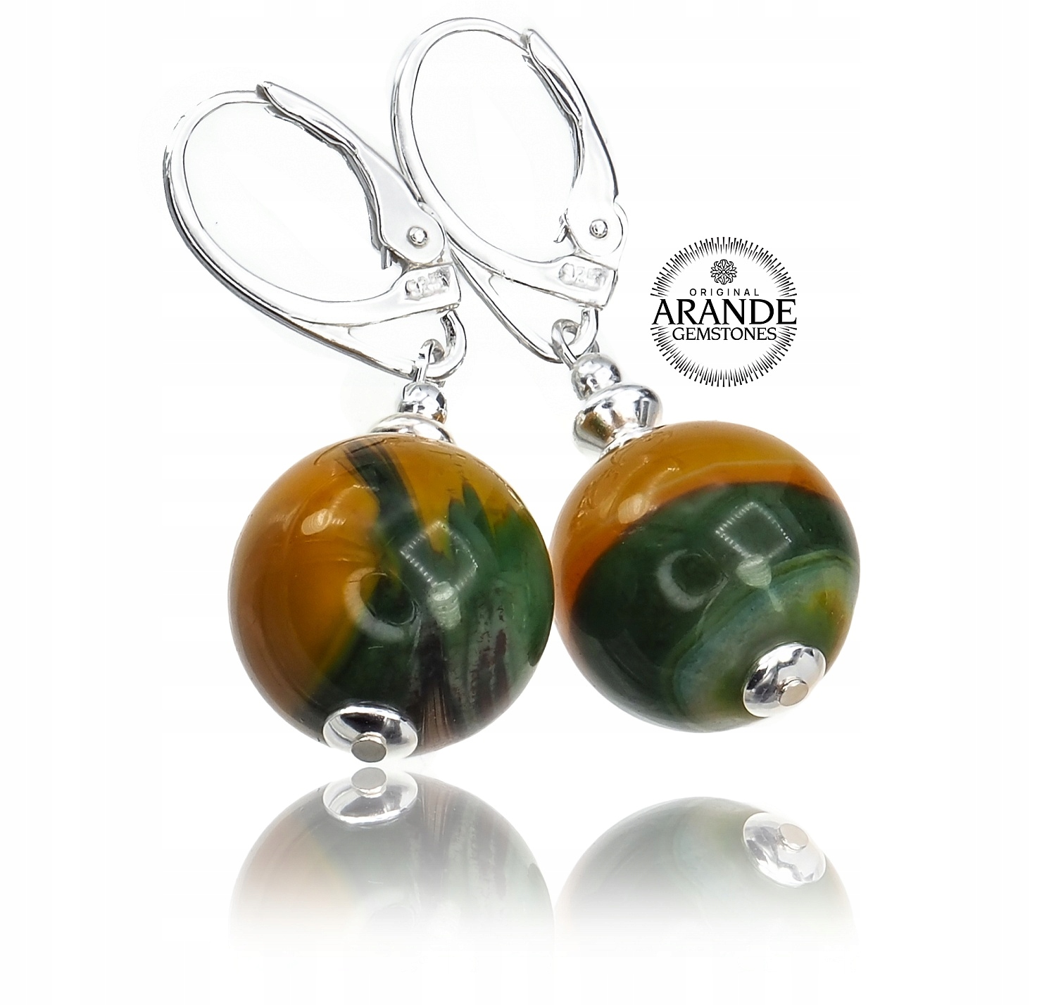 Achát žluto-zelený Výjimečné Náušnice Stříbro