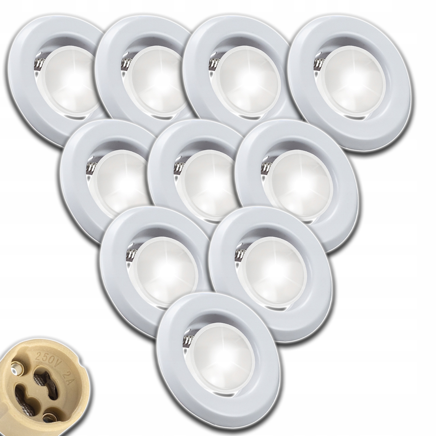 10x Stropní Objímka Kulatá Bílá+žárovka Gu 10 1,5W Nw Neutrální Zásuvka