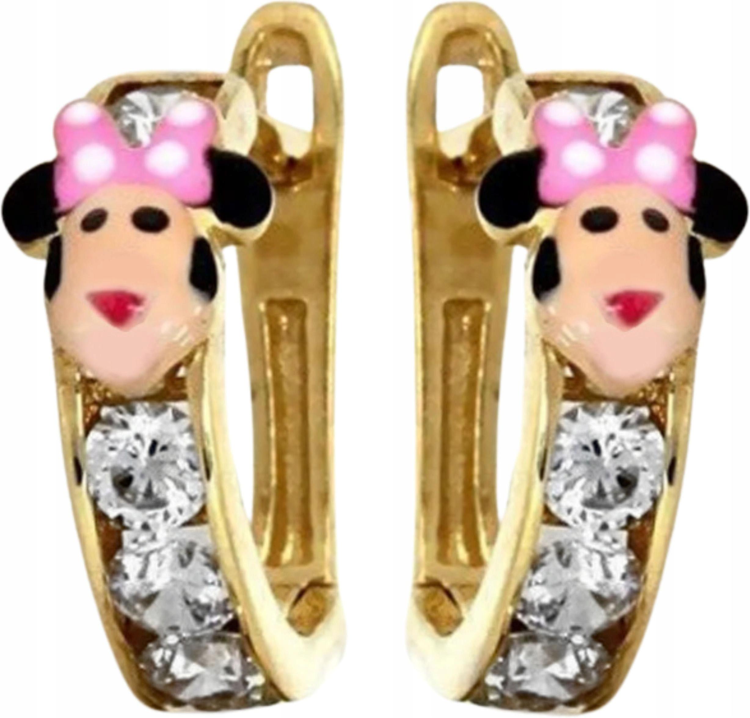 Zlaté náušnice 585 pro dívku s mini myškou a mašličkou ze smaltu 14K