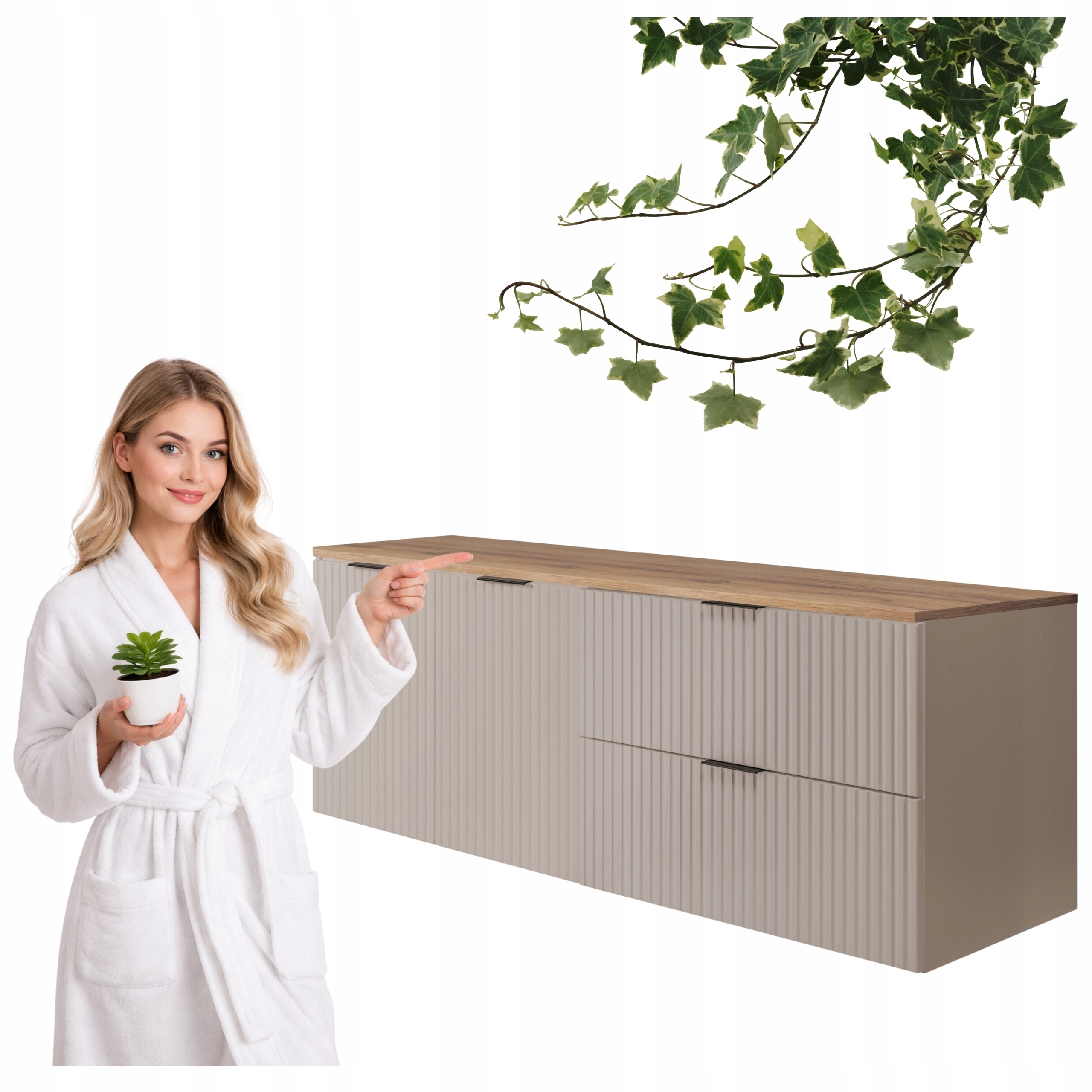 Szafka Łazienkowa Wisząca Szuflady Drzwi Kaszmir 140x46 CM Z Dębowym Blatem