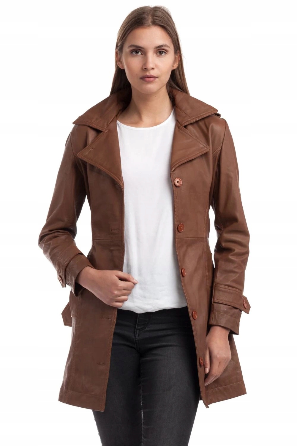 Kožená bunda Chyston dlouhá dámská kůže hnědá klasická vel. XL