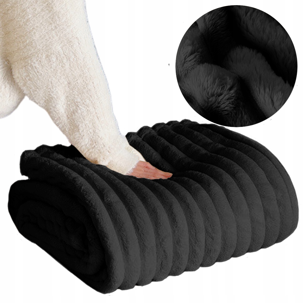 Koc 200x220 pluszowy wytłaczany w grube pasy puszysty narzuta czarny