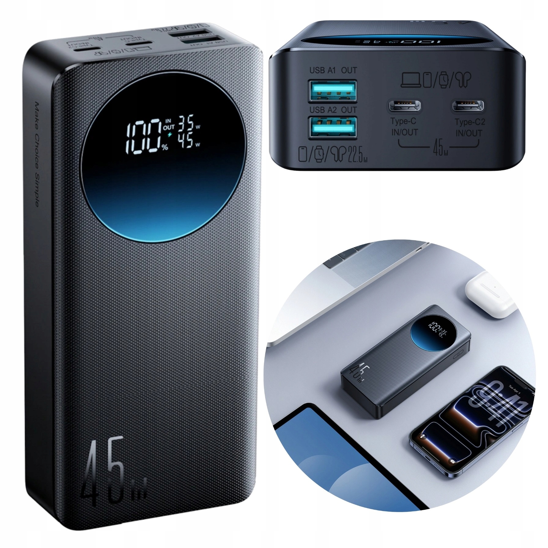 Powerbanka 20000 mAh Rychlá Powerbanka 45 W 2x Usb-a 2x Usb-c Displej