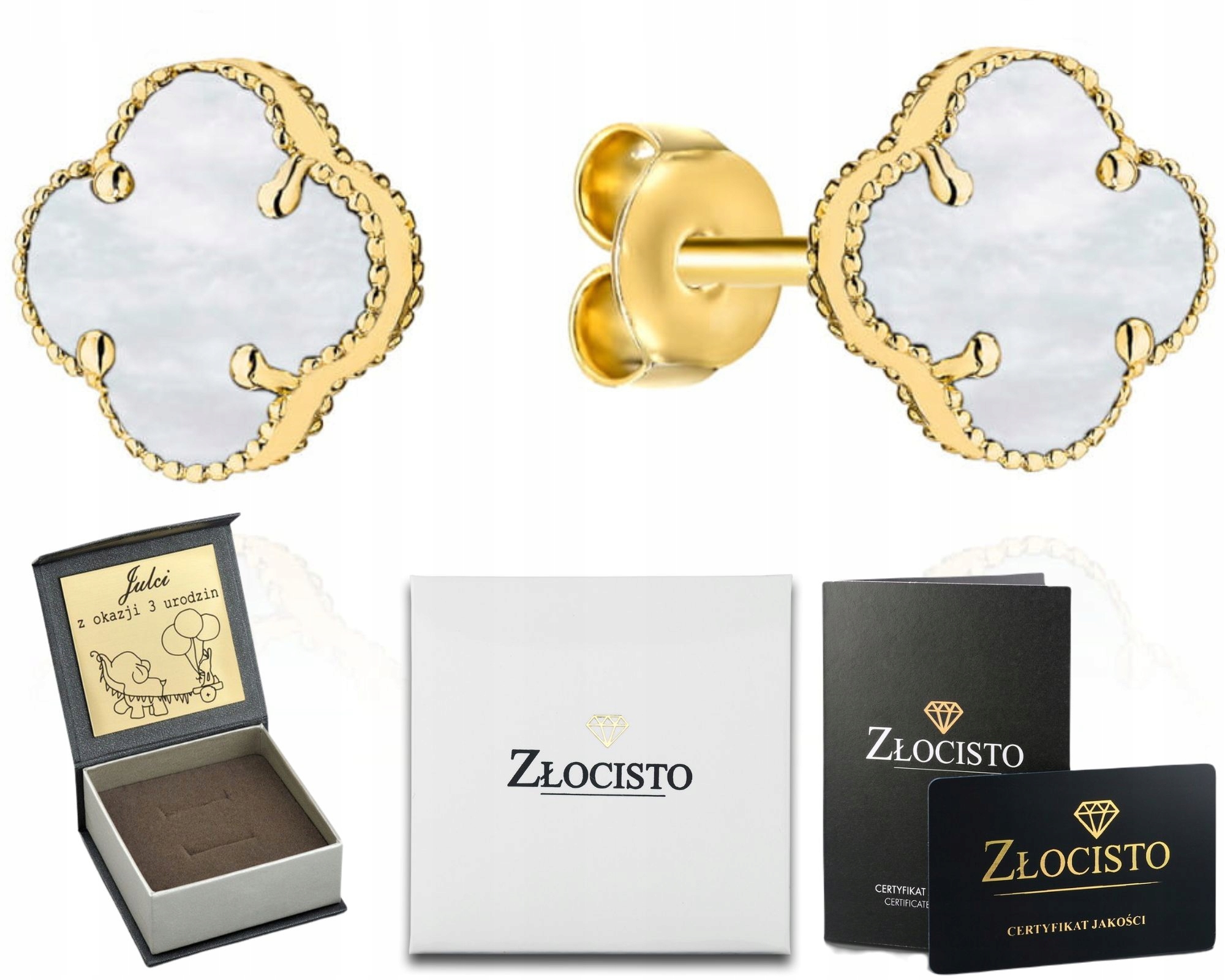 Zlaté Náušnice S Moderními Jetelkami S Perlovou Hmotou 11 MM 585