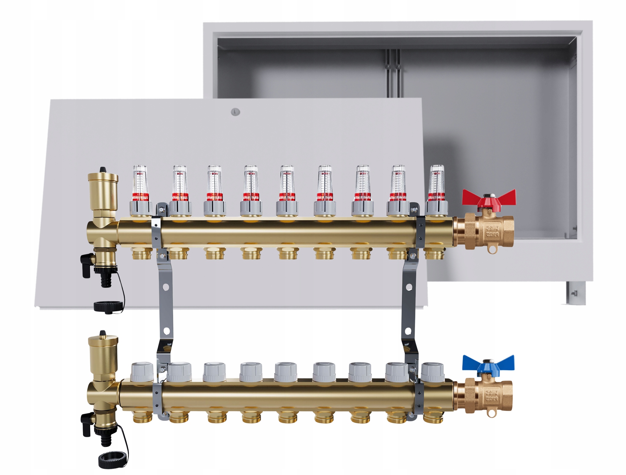 Rozdělovač podlahových krytin mosazný 9 okruhů Podomítková skříňka Jednoduchý ventil