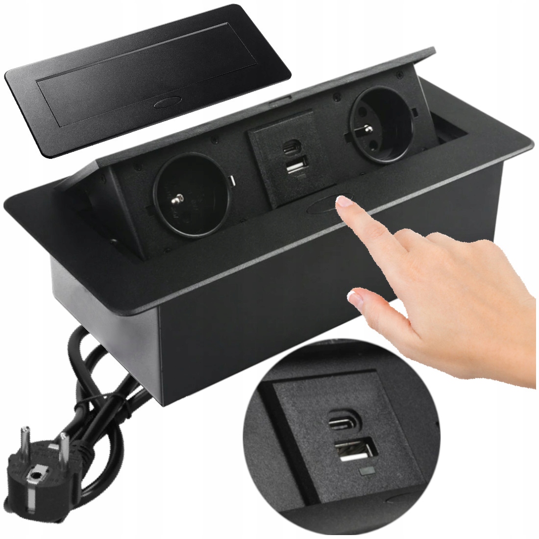 Gniazdo Nablatowe Wpuszczane Chowane w Blat Usb Usb-c Gniazdko Czarne 1,5m