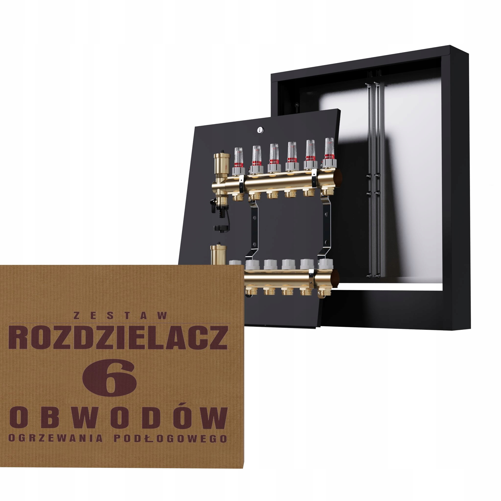 Rozdělovač na podlahu mosazný 6-okruhový a nástěnná skříňka černá